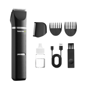 Black grooming kit with trimmer, attachments, and charging cable on a transparent background