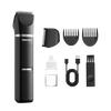 Black grooming kit with trimmer, attachments, and charging cable on a transparent background