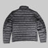 A dark gray quilted puffer jacket shown from the back, featuring horizontal stitching and a stand-up collar, photographed against a solid black background.