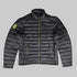 A dark gray quilted puffer jacket with a high collar, front zipper, and two zippered hand pockets. A bright neon yellow-green shield logo is visible on the left sleeve.