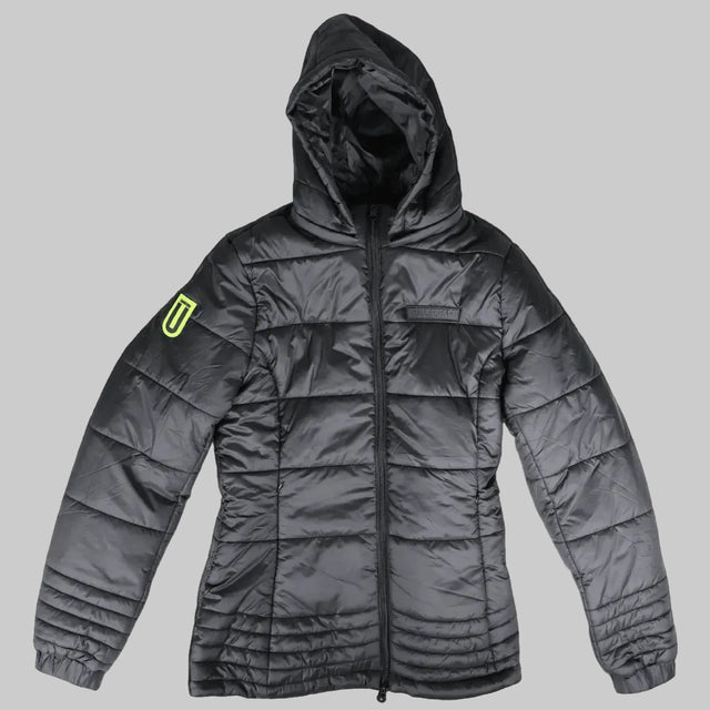 A dark gray hooded puffer jacket with horizontal quilting, a front zipper, and a bright neon yellow geometric logo patch on the left sleeve, shown against a solid black background.