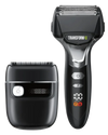 Two electric shavers, one with a digital display and the other without, on a white background.