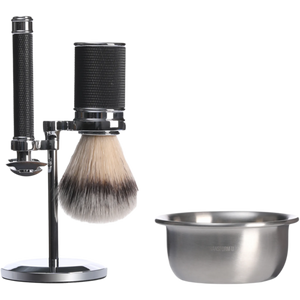 Shaving brush with stand and metal bowl on a transparent background