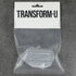 Clear plastic shaver foil packaging with 'Transform-U' label on a gray background