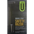 Double edge safety razor with packaging featuring 'Transform U' branding on a dark background.