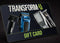 Transform-U gift card with grooming tools on a dark background