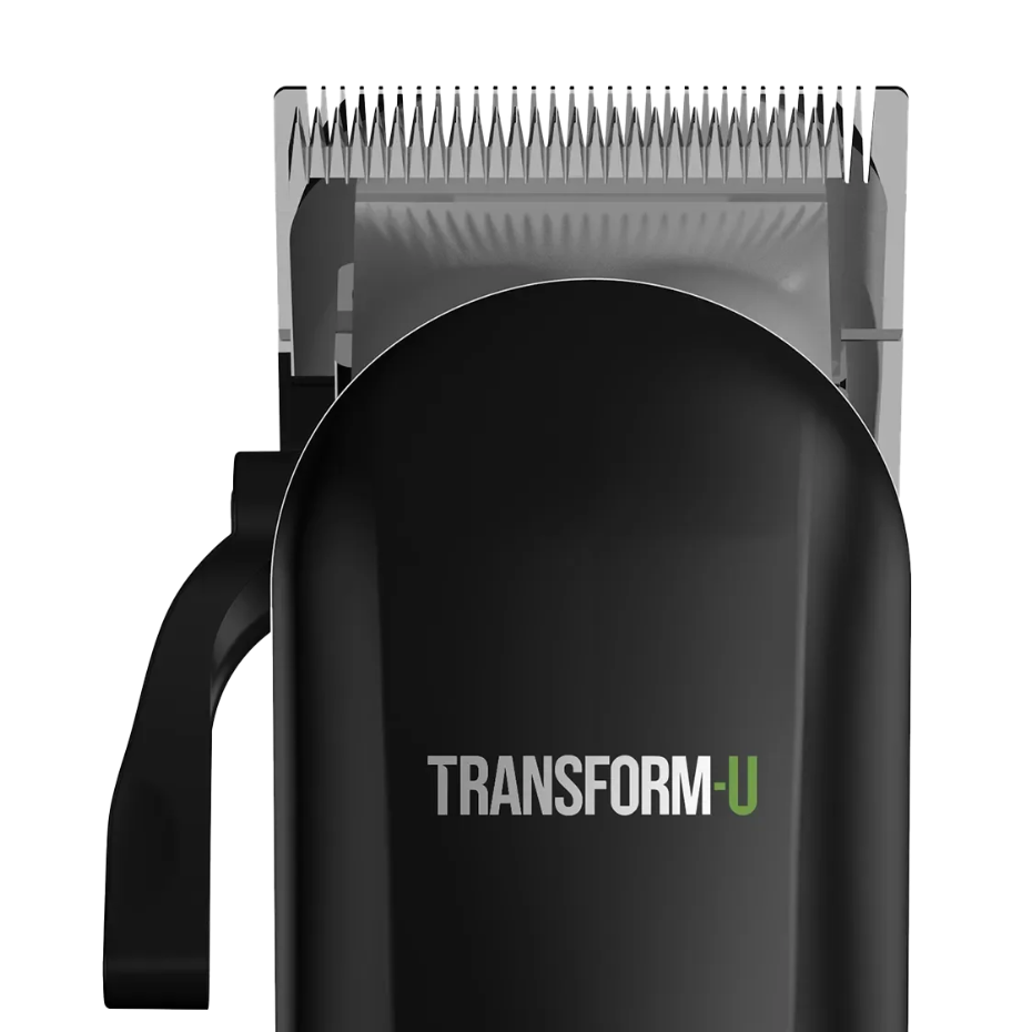 Hair clipper with 'Transform-U' branding on a trasnparent background