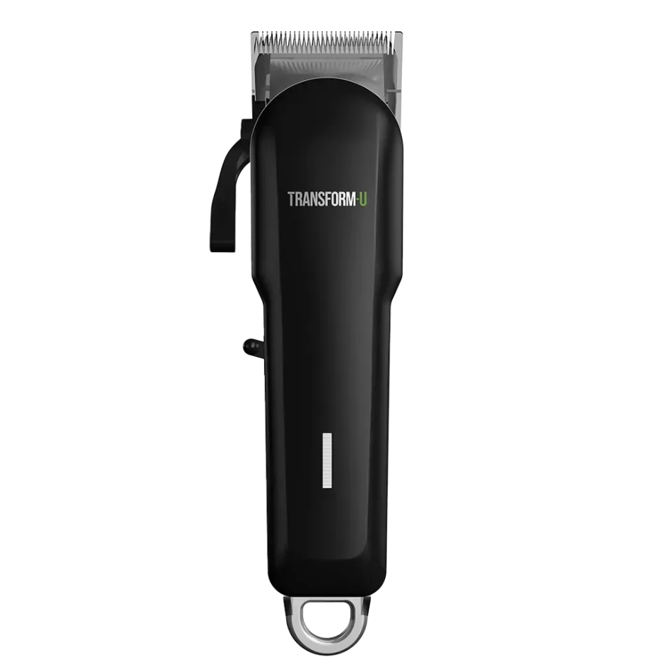 Black hair clipper with 'Transform U' branding on a transparent background