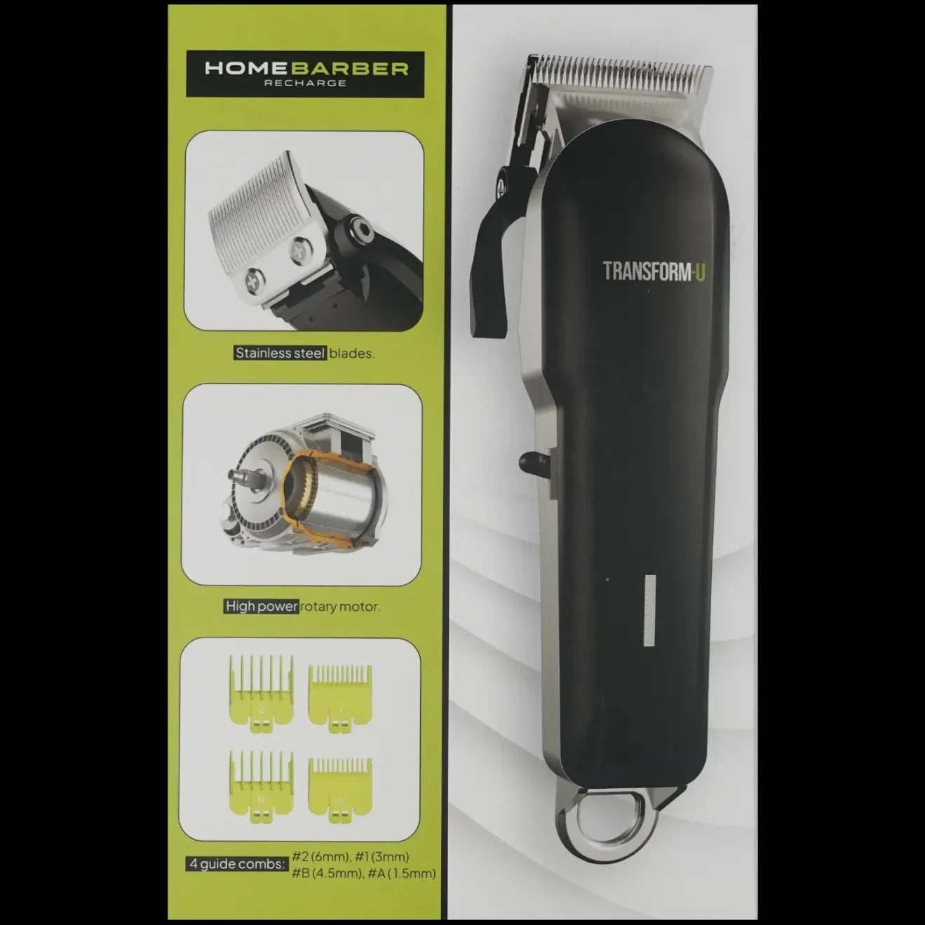 Hair clipper with packaging highlighting features on a transparent background