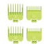 Set of four green guide comb attachments on a transparent background