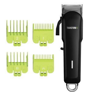Hair clipper with green comb attachments on a transparent background
