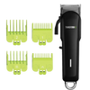 Hair clipper with green comb attachments on a transparent background