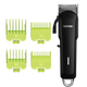 Hair clipper with green comb attachments on a transparent background