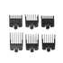 Set of six black guide comb attachments with numbers on a transparent background