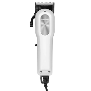 Hair clipper with silver head and white body on a transparent background