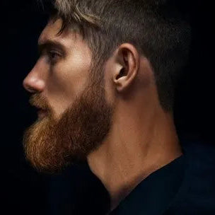 Man with a beard and short hair in profile against a dark background
