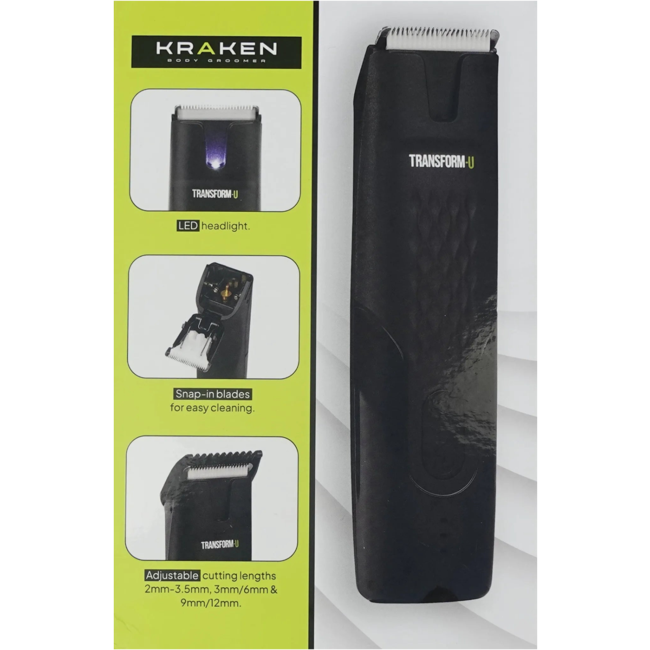 Black body grooming tool next to its packaging on a gray surface