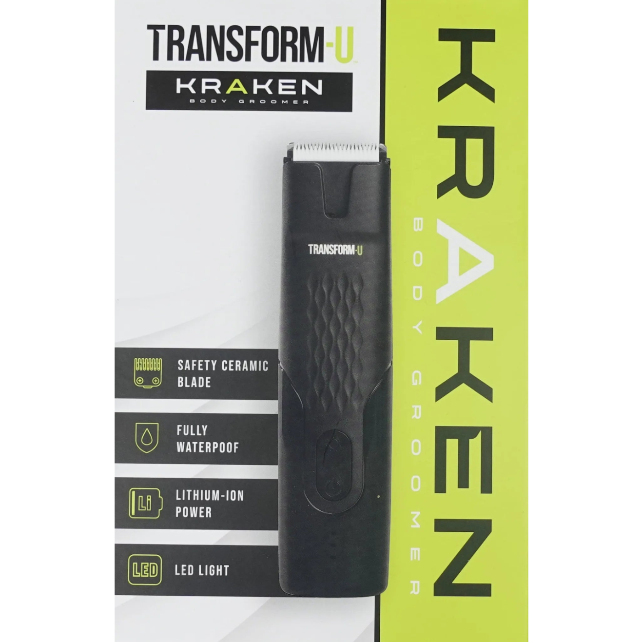 Transform-U Kraken body groomer with packaging on a transparent background