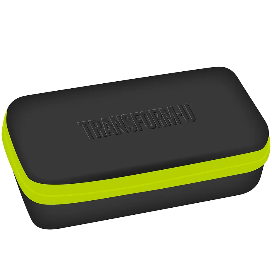 Black and green rectangular travel case with 'TRANSFORM-U' branding on a transparent background