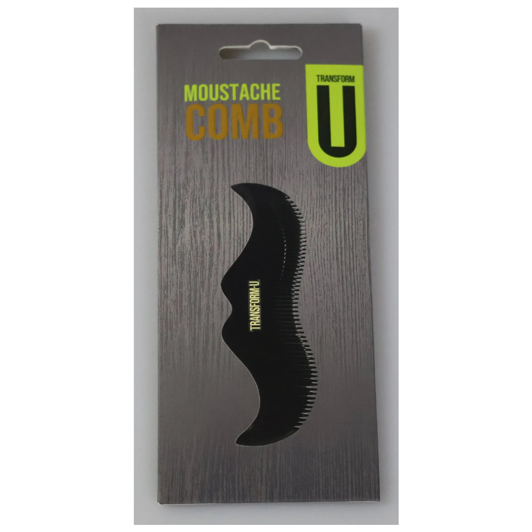 Moustache comb packaging with 'Transform U' branding on a gray background