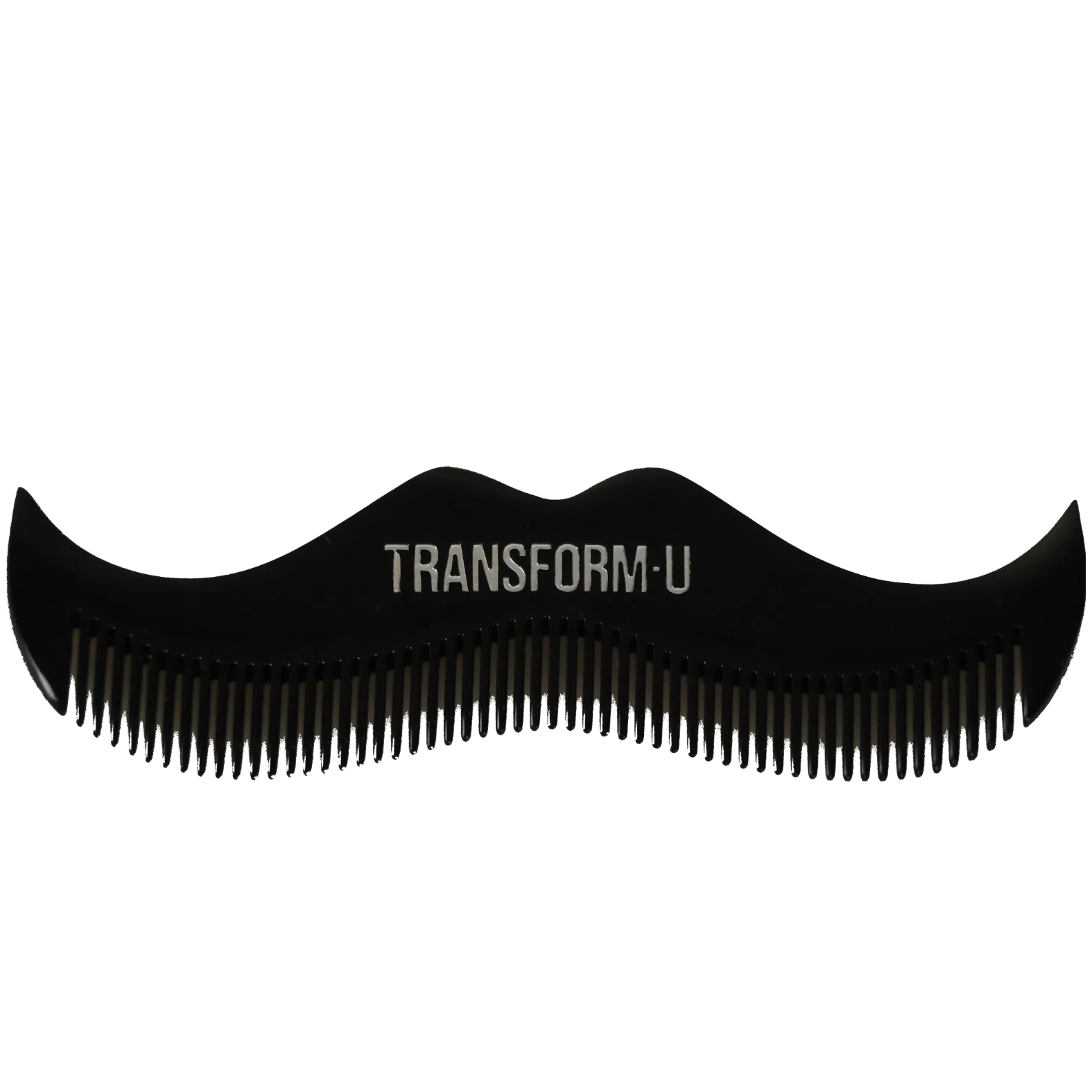 Black mustache-shaped comb with 'TRANSFORM-U' branding on a transparent background