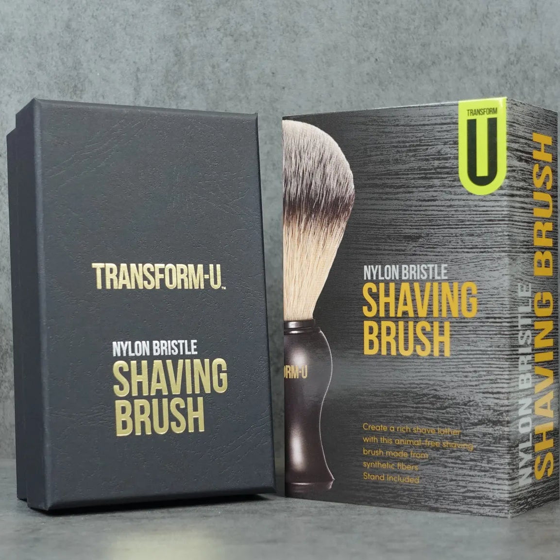 Transform-U shaving brush packaging on a gray background