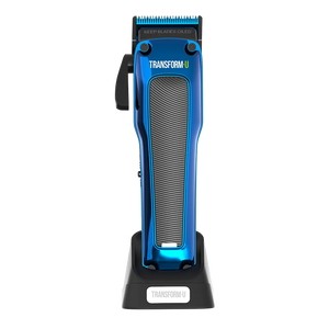 Blue hair clipper with 'Transform U' branding on a transparent background