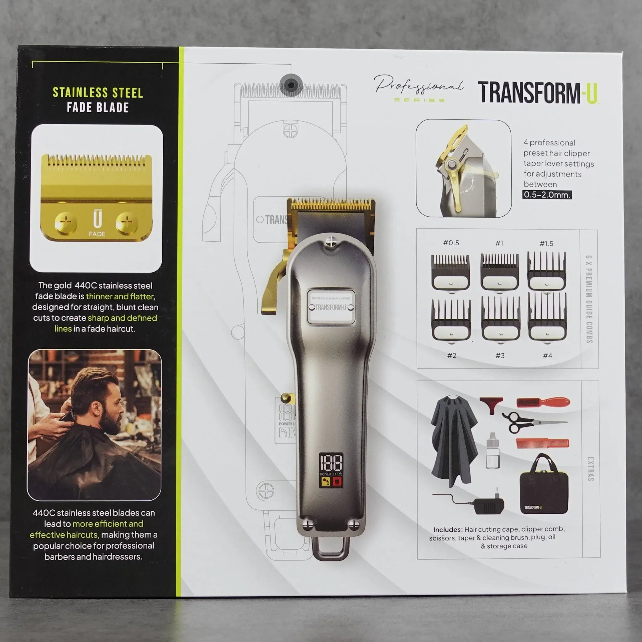 Stainless Steel Barber Hair Clipper features and box on transparent background