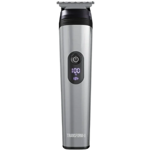 Silver and black hair trimmer with digital display on a transparent background
