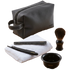 Set of grooming tools including a black leather pouch, comb, brush, towel, and bowl on a transparent background.