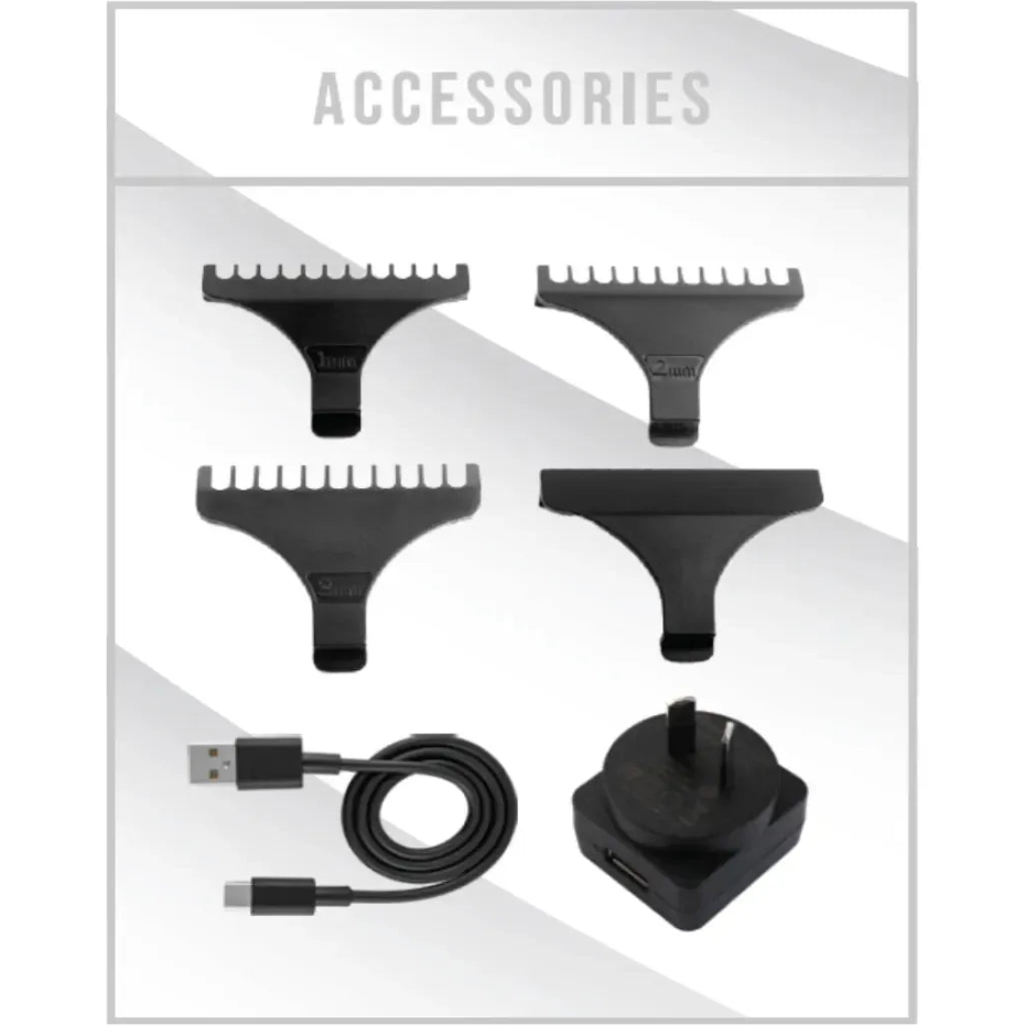 Set of hair trimmer accessories including attachments, a USB cable, and a plug on a white background.