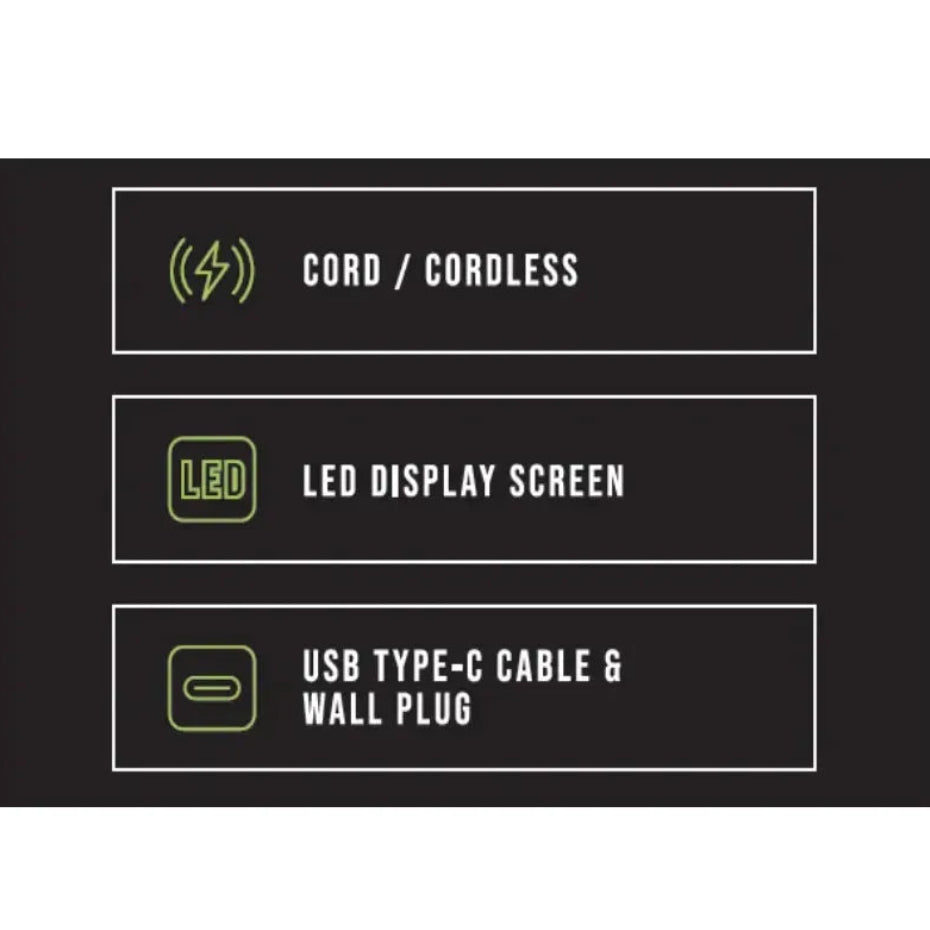 List of features on a black background with green text