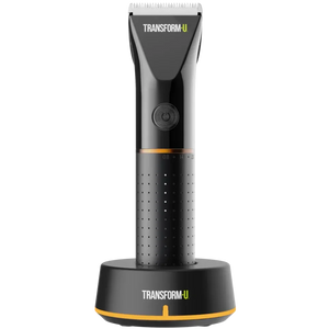 a black hair clipper on a black stand with TRANSFORM-U logo against a transparent background