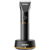 a black hair clipper on a black stand with TRANSFORM-U logo against a transparent background