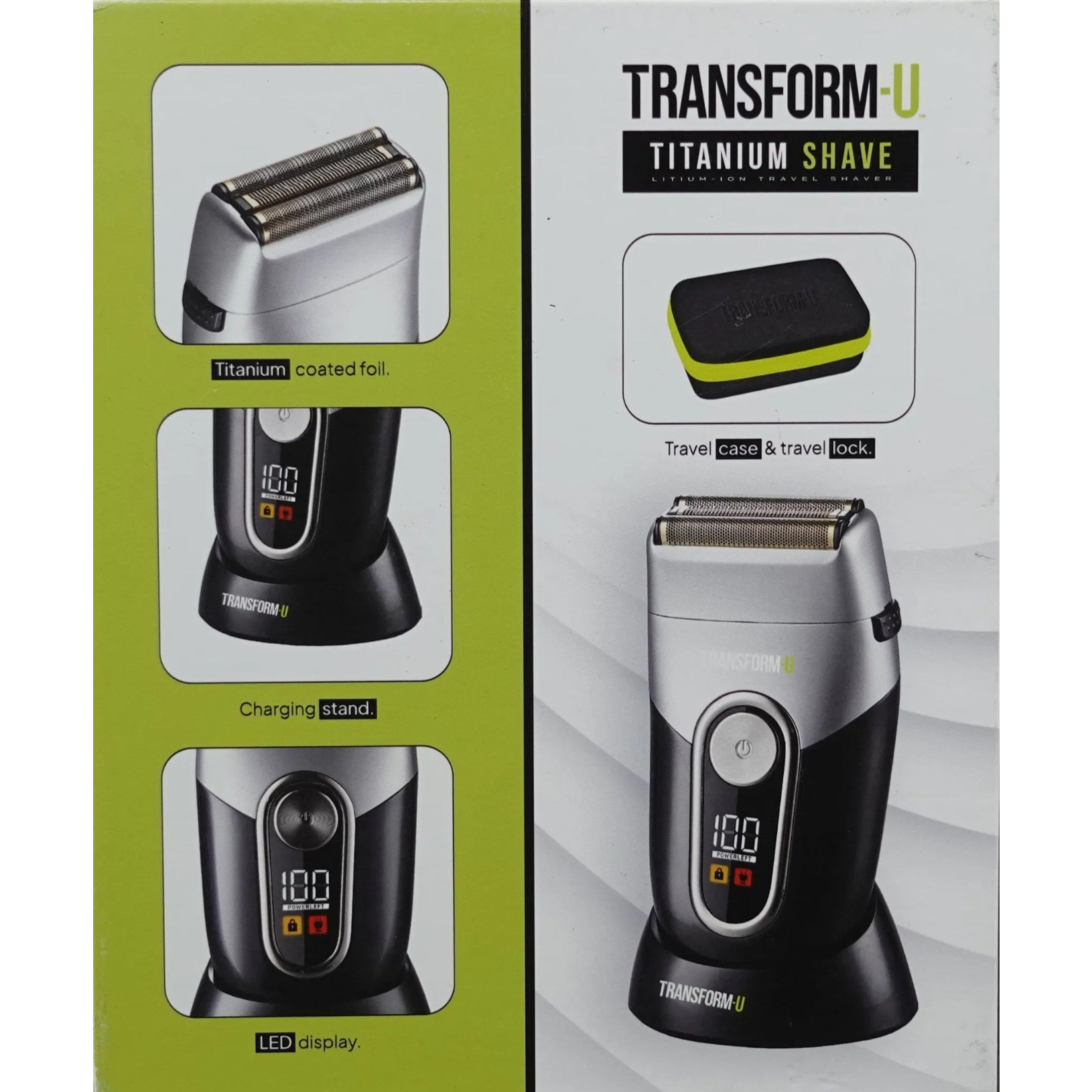 Transform-U Titanium Shave packaging with electric shaver illustration on a gray background