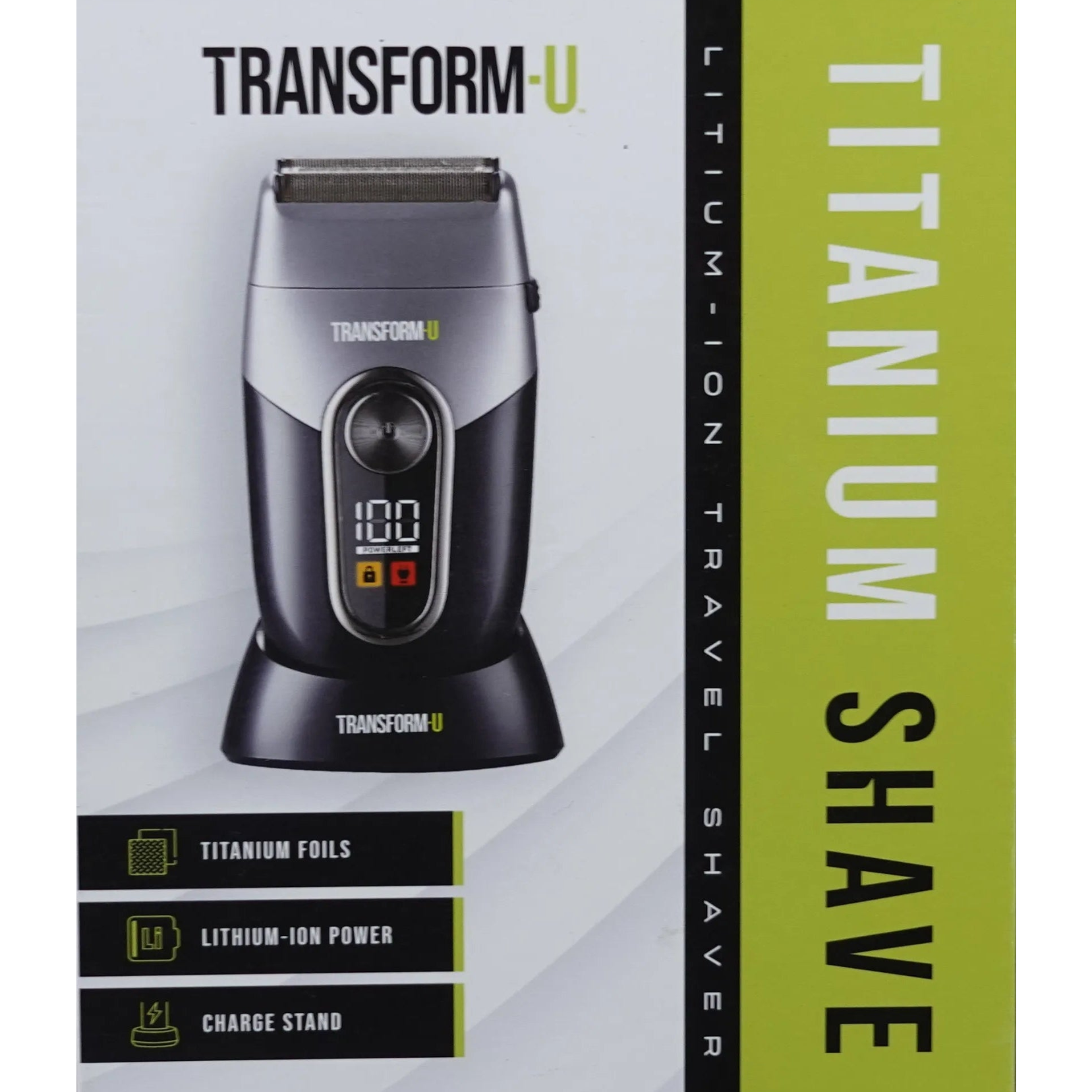 Transform-U lithium-ion travel shaver packaging on a gray background